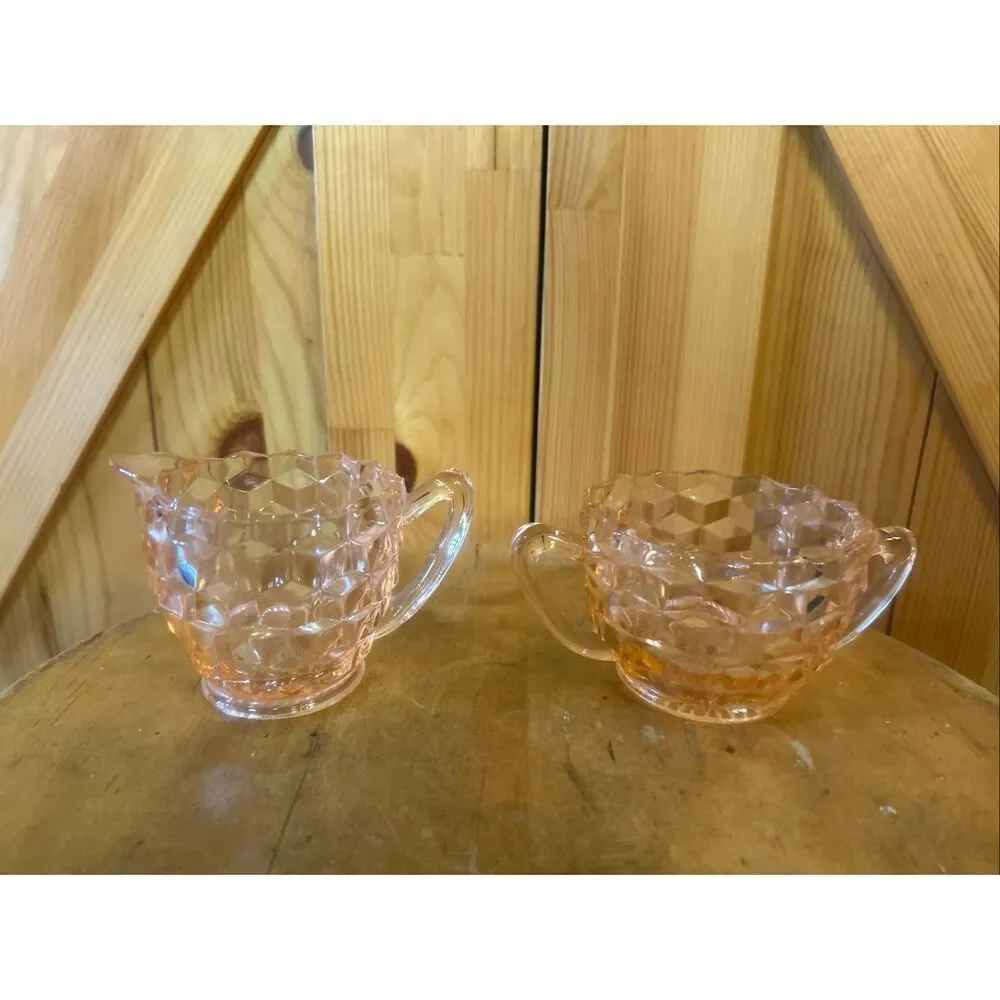 Vintage Jeannette Pink Depression Glass Cube/Cubist Sugar and Creamer Set (5708)